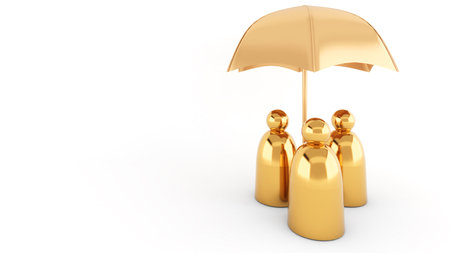 Golden umbrella protect people on white background. Safety and protection ,3d renderingの写真素材