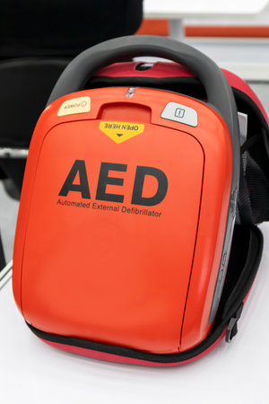 Automated External Defibrillator (AED), a cardiac defibrillator used for emergency medical assistanceの写真素材