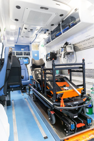 Ambulance, inside the ambulance there are medical life-saving equipment and equipment to help transport to the hospital.の写真素材