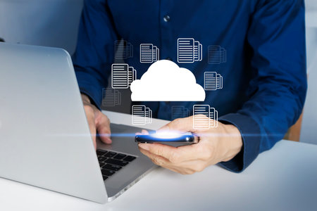 The concept of working with a cloud system that links databases through mobile control for...