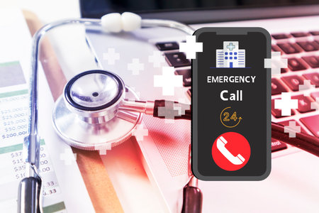 Medical concept of medical emergency notification calling an ambulance to rush the patient to the hospital urgently.の写真素材