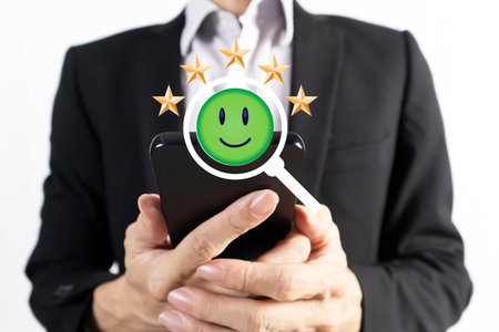 Business people express positive attitudes towards business, receive positive feedback and give performance ratings.の写真素材