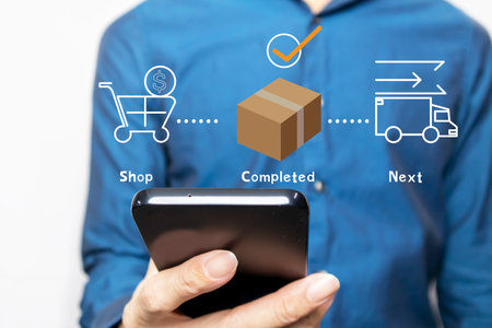 The concept of businessman searching for goods and buying goods, arranging freight forwarding.