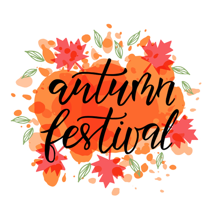 Autumn Festival - hand drawn lettering phrase with leaves on watercolour background. Autumn fest poster design. Template for postcard or invitation card, banner. Vector illustration.のイラスト素材