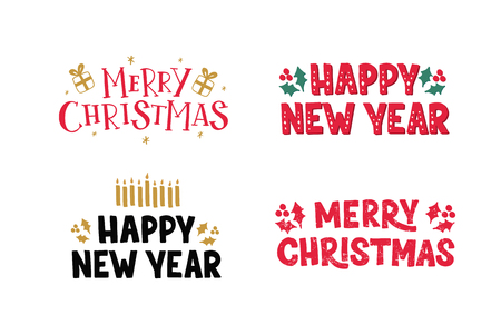 Merry Christmas hand drawn lettering set with present, holly and candle. Winter holiday typography design. Merry Christmas and Happy New Year card, banner, poster template, invitation. Vector Illustration.のイラスト素材