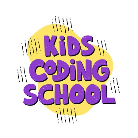Kids coding school - hand drawn lettering on yellow background. Concept of coding children. Programming school logo. Vector illustration.のイラスト素材
