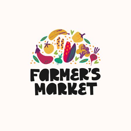Farmer's market - hand-drawn lettering. Decorative vegetable doodle sketch. Unique typography design for advertising, poster, flyer, invitation, banner.のイラスト素材