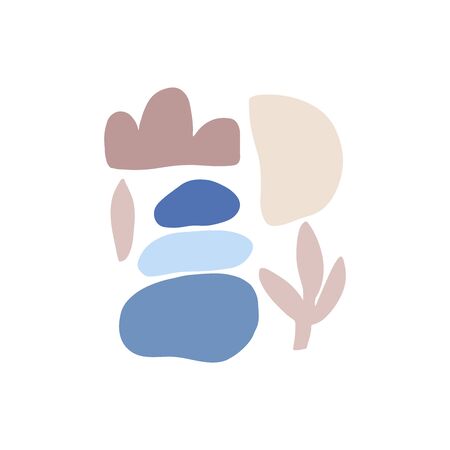 Abstract shapes flat vector illustrations set. Geometric backdrop. Hand drawn pebble pyramid, leaf isolated on white background. Hipster print, modern wallpaper design element. Trendy figure decorのイラスト素材