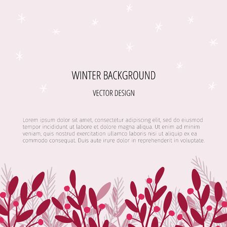 Winter background hand drawn template. Wintertime banner minimalistic floral design with mistletoe branches and snowflakes on pink backdrop. Greeting card, postcard concept with seasonal floraのイラスト素材