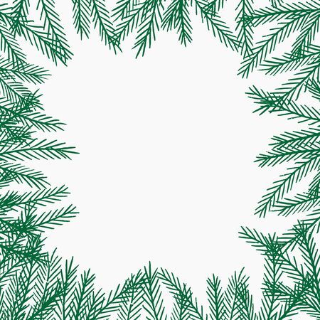 Holiday season fir tree branches frame. Winter banner template. Wintertime postcard, festive greeting card design. Decorative botanical borderのイラスト素材
