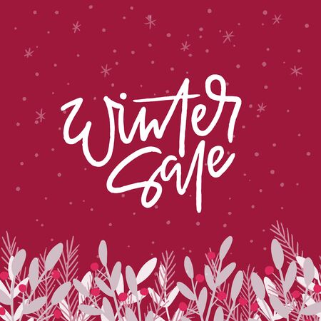 Winter sale social media banner template. Seasonal shopping event, wintertime clearance wholesale advertising poster concept. Tree twigs and branches with snowflakes hand drawn illustrationのイラスト素材