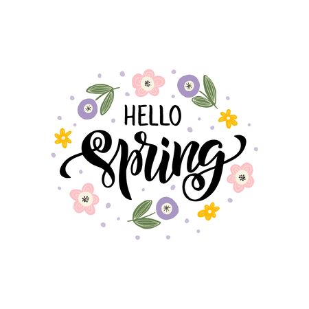 Hello Spring hand drawn brush lettering. Spring season advertising.のイラスト素材