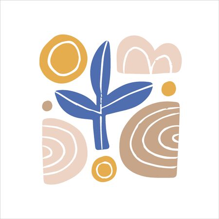 Abstract modern art composition hand drawn vector illustration. Minimalistic leaf and colorful shapes isolated on white background. Stylish minimalistic doodle drawing, artistic design elementのイラスト素材