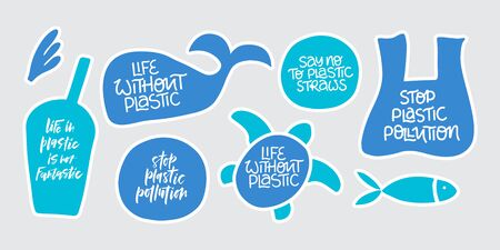 No more plastic word stickers set. Environment pollution, ecological problem isolated vector illustrations. Planet protection idea. Whale, turtle, fish swimming in garbage clipartのイラスト素材