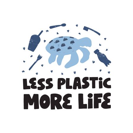 Less plastic more life hand drawn vector illustration. Sea and ocean contamination, environment pollution problem. Turtle and disposable non reusable bottles silhouettes. Zero waste typographyのイラスト素材