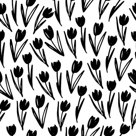 Flat vector seamless pattern. Hand drawn spring flowers tulip. Black and white brush grunge texture. Creative print, wallpaper design, floral wrapping paper, textile drawing.のイラスト素材