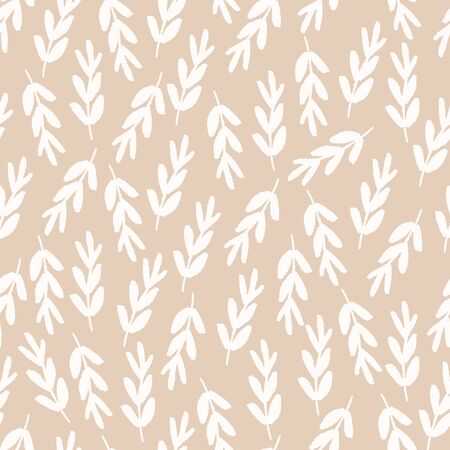 Flat vector seamless pattern. White leaf shapes on beige background. Modern drawing. Creative print, wallpaper, t shirt design element. Scandinavian styleのイラスト素材