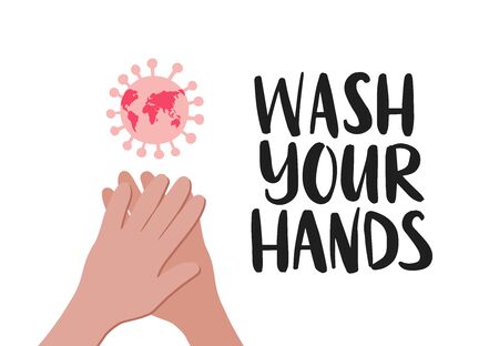 Personal hygiene, virus and disease prevention concept. Wash your hands text. COVID-19 virus pandemic protection. Health care flat vector illustration.のイラスト素材