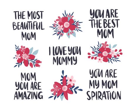 Mother's Day holiday illustration set. Hand drawn vector lettering celebration quote. Unique typography design for sticker, postcard, banner, greetind card.のイラスト素材
