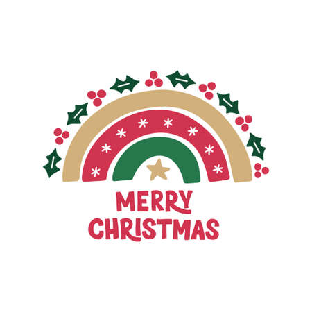 Hand drawn rainbow vector illustration. Merry Christmas celebration typographyのイラスト素材