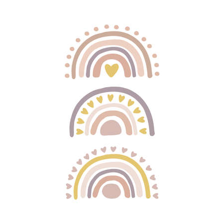 Hand drawn boho nursery rainbow vector illustration set. Cute design for baby shower, kids and baby clothes print, poster for nursery room, card.のイラスト素材