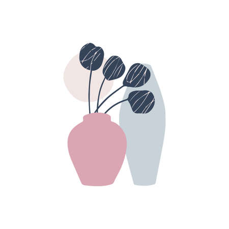 Trendy shape hand drawn vector illustration. Interior design elements. Plant, vase flat clipart isolated on white. Scandinavian minimalism style. Modern print, boho posterのイラスト素材