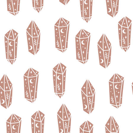 Magic and celestial seamless pattern with magical crystal. Trendy witchcraft symbol on white background. Mystical crystals. For digital paper wrapping, bohemian wallpaper.のイラスト素材
