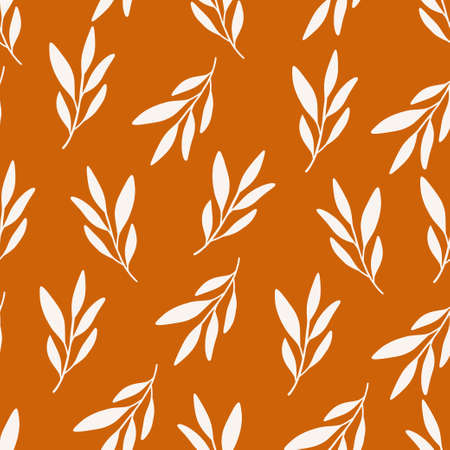 Autumn flat vector seamless pattern. Beige leaf shapes on orange background. Harvest season decoration. Floral design, fall print. Wallpaper design, wrapping paper, textile drawing.のイラスト素材