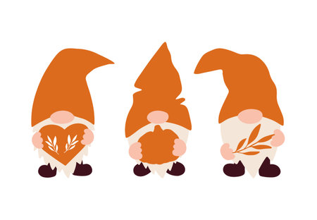 Vector autumn illustration with fall cute gnome, pumpkin, leaf on white background. Harvest season. Thanksgiving holiday. Fall festival concept for poster, card, web banner, advertising.のイラスト素材