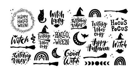Halloween black silhouettes collection. Vector illustration isolated on white background. Holiday quote, witch hat, broom, cat. For poster, greeting card, sticker. 31 October design.のイラスト素材