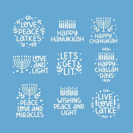 Hanukkah vector celebration typography. Traditional jewish holiday phrases collection. Love, light, latkes quote. Chanukah wishes isolated on blue. Handwritten Hanuka festive letteringのイラスト素材
