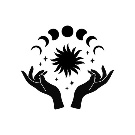 Contemporary art with witch hands and moon phases. Hand drawn boho vector illustration with mystical astrology symbol.のイラスト素材