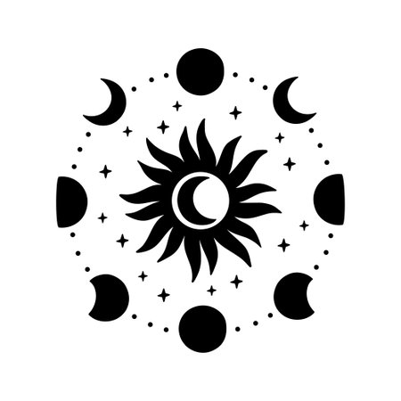 Moon phases vector illustration. Contemporary art with crescent moon silhouette and sun. Celestial t shirt print, boho poster, astrology symbol, tribal tattoo. Hand drawn astronomy conceptのイラスト素材