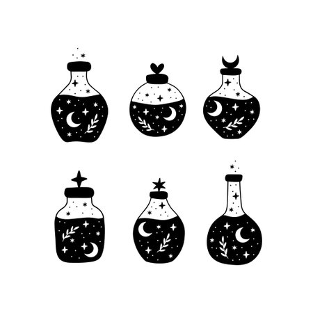 Cartoon magic potion or elixir collection. Bottle silhouette with witch brew, moon. Alchemy poster design. Mystic jar illustration isolated on white. Hand drawn witchcraft symbols vector illustrationのイラスト素材