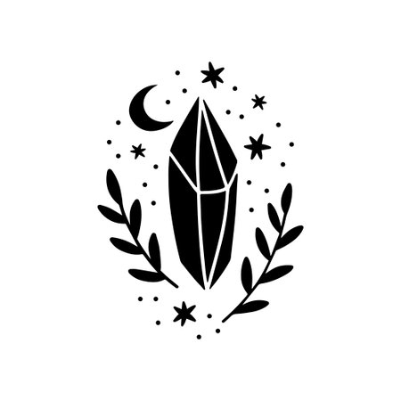 Bottle silhouette with magic elixir or poison. Mystic jar vector illustration. Esoteric alchemy design element. Witch brew poster with moon, stars. Hand drawn witchcraft symbol isolated on white.のイラスト素材