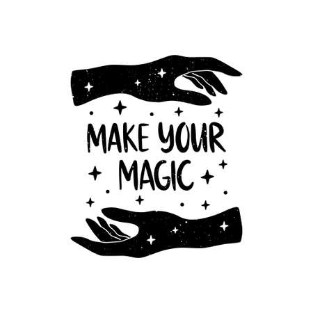 Mystical witch hands vector iilustration. Black hand drawn magic poster. Witchcraft alchemy concept on white background. Magical t shirt print, card template.のイラスト素材