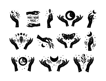 Witch hands vector illustration set. Moon phases, mystical crystal. Black hand drawn boho poster. Astrology, esoteric symbol. Witchcraft concept for celestial t shirt print, magic card, logo, tag.のイラスト素材