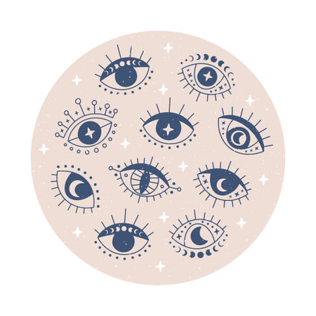 Hand drawn evil eye vector flat illustration. Magic witchcraft third eye with moon phases on beige background. Occult symbol. For esoteric t-shirt print, mystical card, boho poster.のイラスト素材