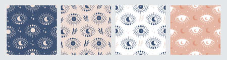 Boho vector seamless pattern set. Hand drawn evil eye flat illustration. Magic witchcraft third eye...