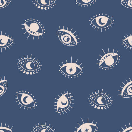 Boho vector seamless pattern. Hand drawn evil eye flat illustration. Magic witchcraft third eye with moon phases on blue background. For celestial print, fabric, wallpaper, textile, magical decor.のイラスト素材