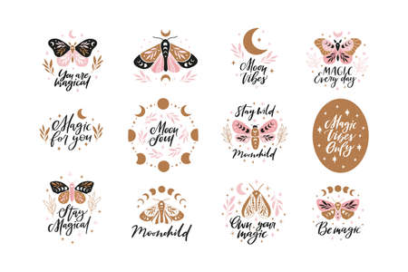 Celestial butterfly vector illustration. Mystical moth with moon phases. Magical insect on white background. Magic vibes only quote, trendy phrase. Design for poster, card, t shirt print.のイラスト素材