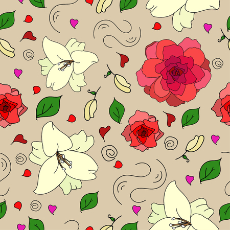 floral seamless pattern with lily flowers and roses, pastel colors , leaves and petalsのイラスト素材