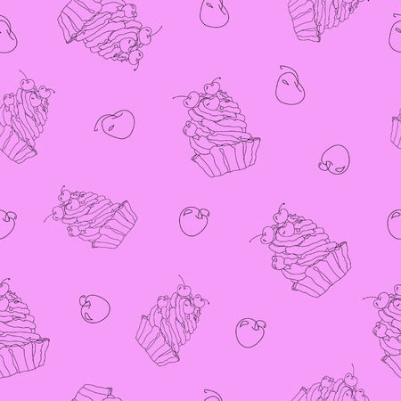 Vector sweet cupcakes pattern, purple silhouette isolated.のイラスト素材