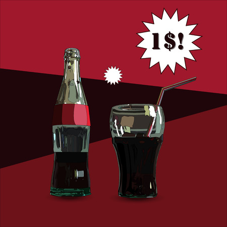 Glass and Bottle. Vector Illustration of glass and Bottle with dark red beverage. With price. no traceのイラスト素材
