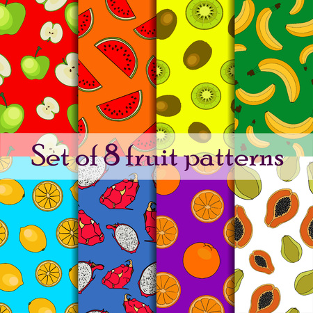 Set of seamless fruit and berry pattern apple papaya kiwi  banana  lemon orange watermelon dragon eyeのイラスト素材