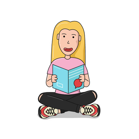 Girl is reading a book, cartoon illustration.のイラスト素材