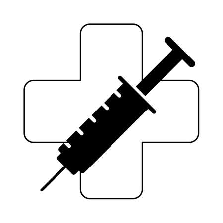 Syringe black icon isolated on white background, Medicine injection equipment symbol, Vector illustration.のイラスト素材