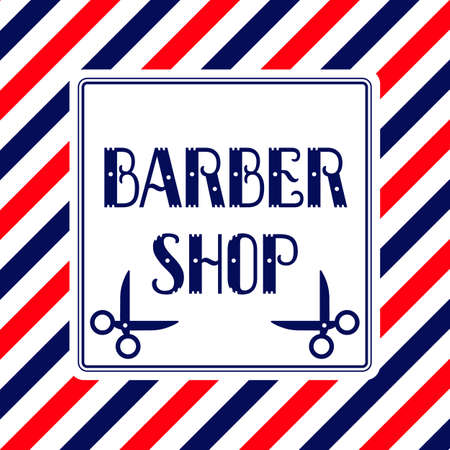 Barber shop sign. Blue, red and white stripes with scissors icon. Vector illustration.のイラスト素材