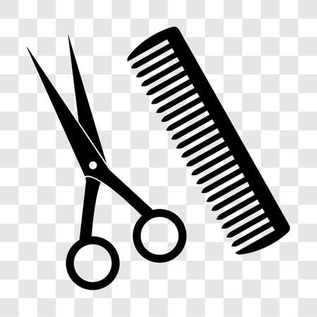 Scissors and comb icon. Barber shop hairstyling equipment symbol isolated on transparent background. Vector illustration.のイラスト素材