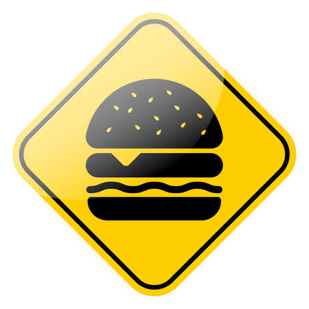 Hamburger icon. Fast food cheeseburger Black symbol isolated on yellow street sign frame. Vector illustration.のイラスト素材